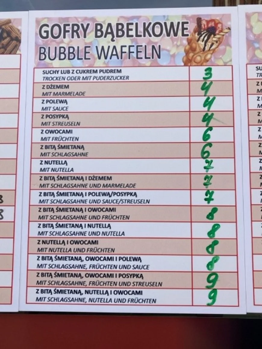 Das Bild zeigt eine gedruckte Speisekarte für „Gofry bąbelkowe / Bubble Waffeln“. Die Überschrift steht oben groß und zweisprachig erst auf Polnisch und dann auf Deutsch, wobei die polnische Bezeichnung größer und fettgedruckt ist. Darunter folgt eine tabellarische Liste mit verschiedenen Varianten von Bubble-Waffeln. Jede Zeile enthält links die Bezeichnung auf Polnisch fettgedruckt und darunter die deutsche Übersetzung. Rechts neben jeder Variante stehen handschriftlich eingetragene Preise in grüner Farbe; ; © Alina Becker, Julia Urban