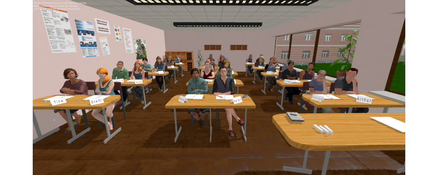 Eine Schulklasse sitzt in einem virtuellen Klassenzimmer.
