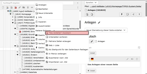 Ansicht des Kontextmenüs zum Anlegen einer neuen Seite