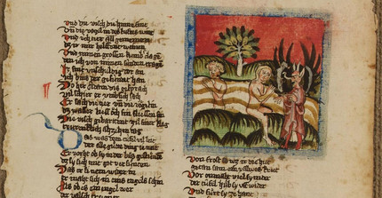 A section of a yellowed sheet of paper with handwritten text and a coloured drawing. It dates back to the Middle Ages.