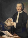 Ölgemälde: Porträt von einem Mann mit grauen Haaren in schwarzer Robe. Er steht hinter einem Tisch, auf dem ein Globus, ein Fernrohr, ein Messinstrument und Blätter liegen. Mit einer Hand deutet der Mann auf einen Punkt auf dem Globus.