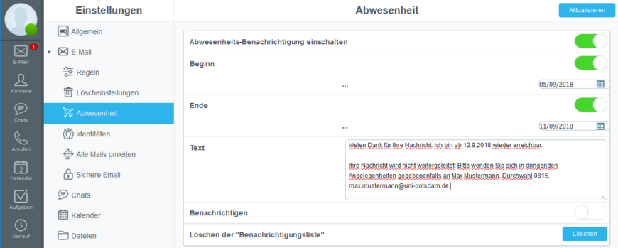 Einstellungen für Abwesenheitsnachricht