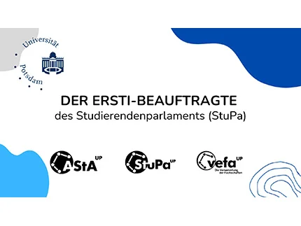 Schwarze Schrift auf weißem Hintergrund mit blauen Designelementen