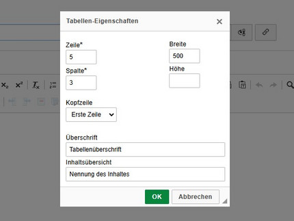 Dialogfenster für Tabellen-Eigenschaften mit Werten befüllen