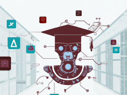 Das von der KI "DALL·E" erschaffene Bild zeigt eine stark verfremdete Büste mit roboterartigen Zügen in einem Bibliotheksgang mit Verbindungen zu unterschiedlichen Apps und Resscourcen