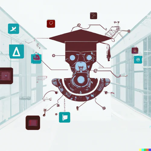Das von der KI "DALL·E" erschaffene Bild zeigt eine stark verfremdete Büste mit roboterartigen Zügen in einem Bibliotheksgang mit Verbindungen zu unterschiedlichen Apps und Resscourcen