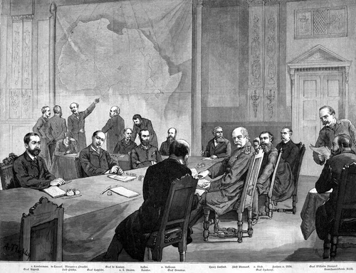 A historical engraving shows the participating representatives of the 13 European countries, the USA & the Ottoman Empire.