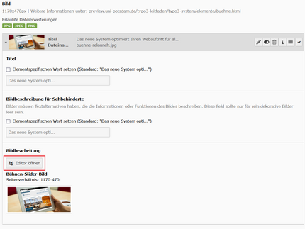 Screenshot, der zeigt, wo sich der Bildeditor im Backend befindet.