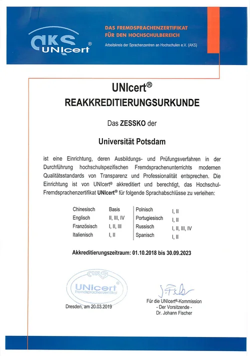Reakkreditierungsurkunde des Zessko
