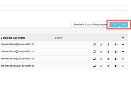 Exportfunktion als csv oder xls über die Schalltffächen auf der rechten Seite