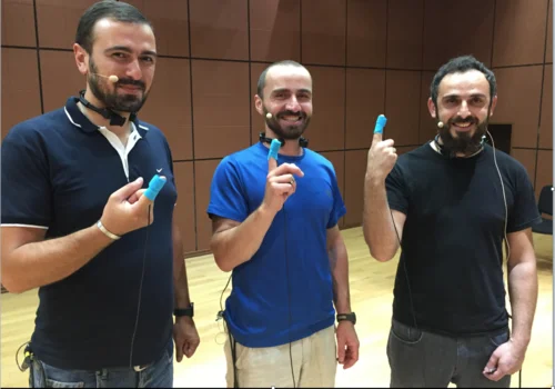 The singers of the trio Khelkhvavi from Ozurgeti, all fully instrumented.
