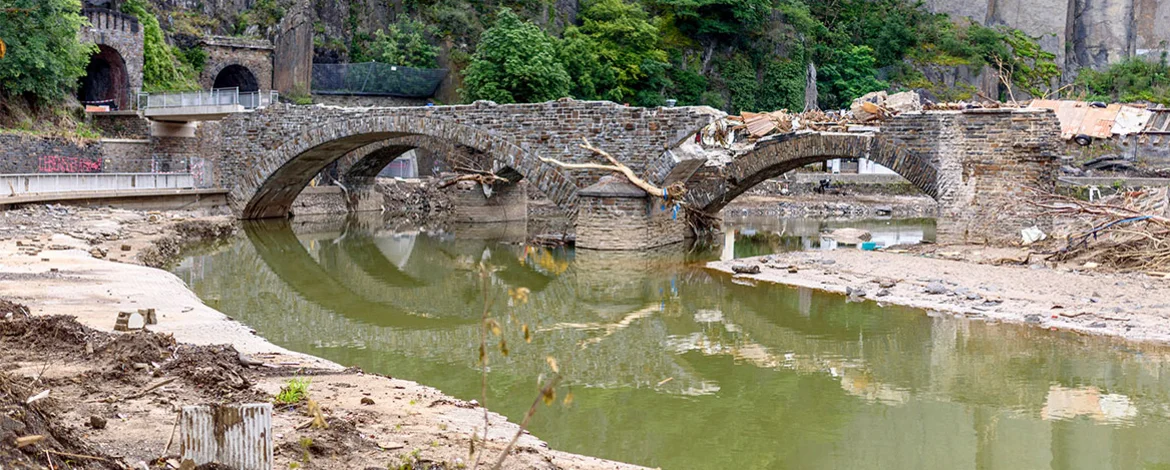 Destroyed bridge in the Ahr Valley after the catastrophic flooding in July 2021. - 