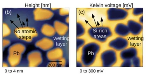 Growth of Pb islands in Si-rich areas within the wetting layer. Right: SFM topographic image. Left: corresponding KPFM picture