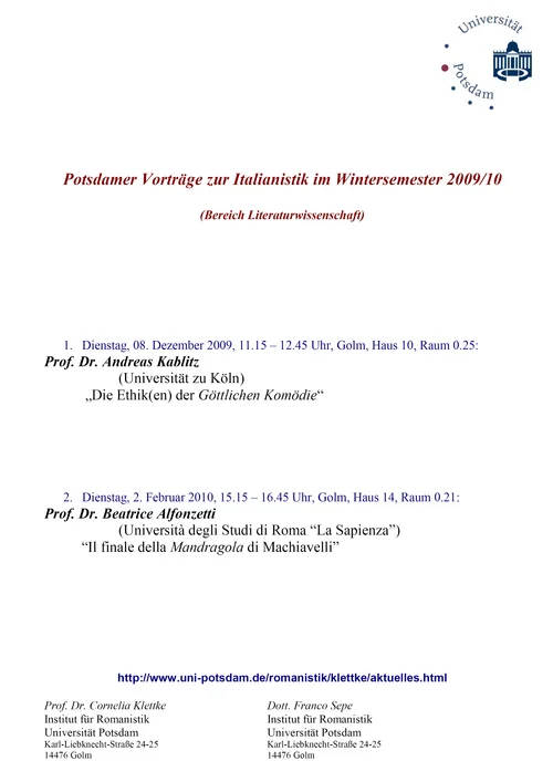 Potsdamer Vorträge zur Italianistik im Wintersemester 2009/10