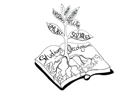 Logo von Studium oecologicum (Baum mit nachhaltigen Begriffen, der aus einem Buch wächst)