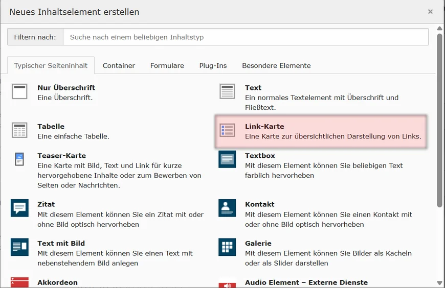 In der Auswahl der angezeigten Inhaltselemente wählen Sie den Typ „Link-Karte“.