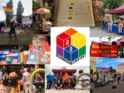 Collage aus mehreren Bildern von Veranstaltungen mit Infoständen und Regenbogenflaggen