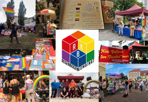 Collage aus mehreren Bildern von Veranstaltungen mit Infoständen und Regenbogenflaggen