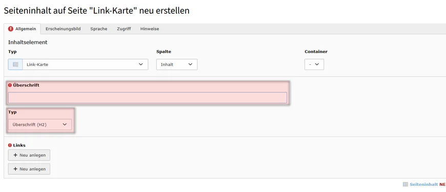 Geben Sie eine Überschrift für Ihre Link-Karte ein. Beachten Sie die Zeichenbegrenzung von 100 Zeichen. Entscheiden Sie, ob die Überschrift im Frontend ausgeblendet oder als H2 angezeigt werden soll.