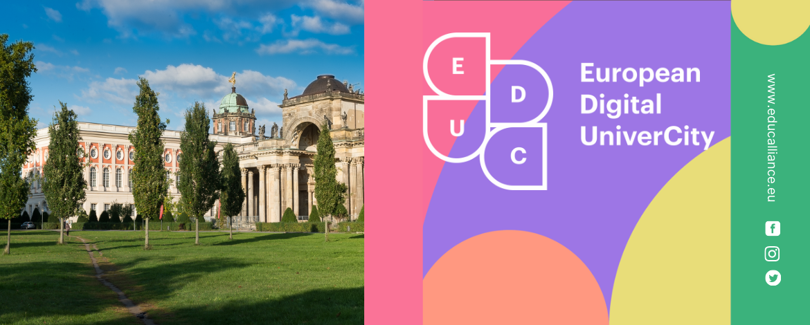 Linke Seite: Foto vom Campus Neues Palais Uni Potsdam, rechts: Grafik und Logo EDUC - 