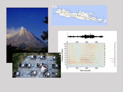 Collage of images: Merapi volcano (left), island of Java (upper right), seismic instruments (lower left), spectrogram of volcanic tremor (lower right)