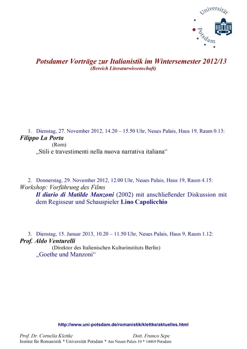 Potsdamer Vorträge zur Italianistik im Wintersemester 2012/13