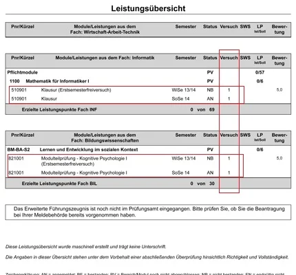 Beispiel für eine Leistungsübersicht