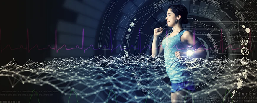 Person running through waves and graphs