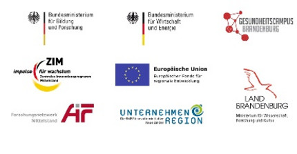 Logos der Fördermittelgeber BMBF, BMWi, EFRE, AIF, Unternhemen Region, ZIM, Land Brandenburg und Gesundheitscampus Brandenburg
