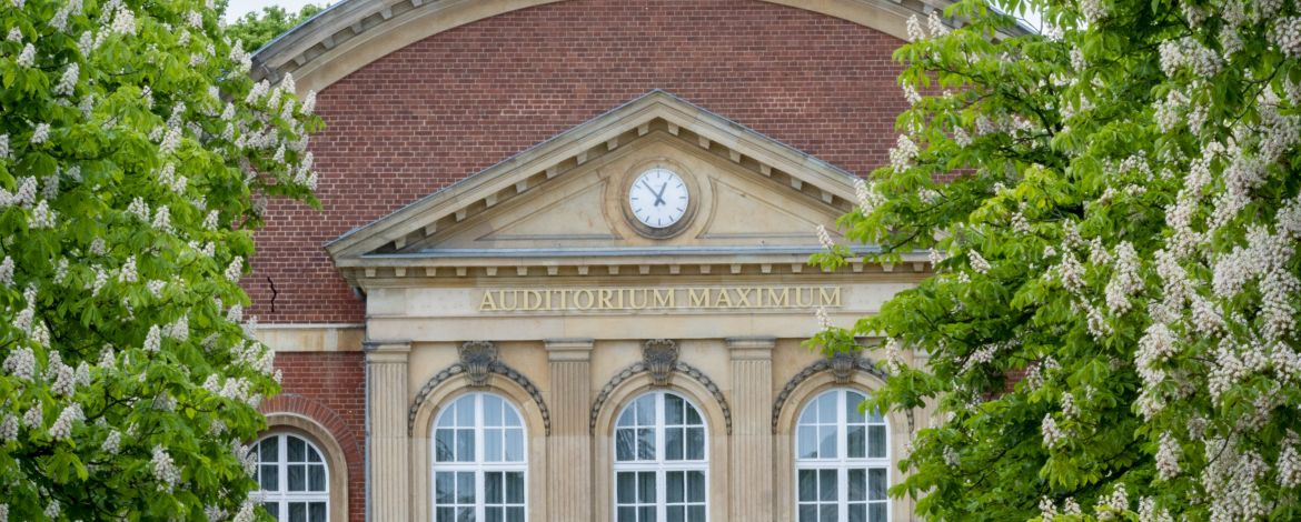 Fassade des Audimax der Universität Potsdam, links und rechts gesäumt von blühenden Kastanien