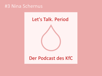 Grafik mit Blutstropfen und Text "Let's Talk. Period - Der Podcast des KfC #3 Nina Schernus"
