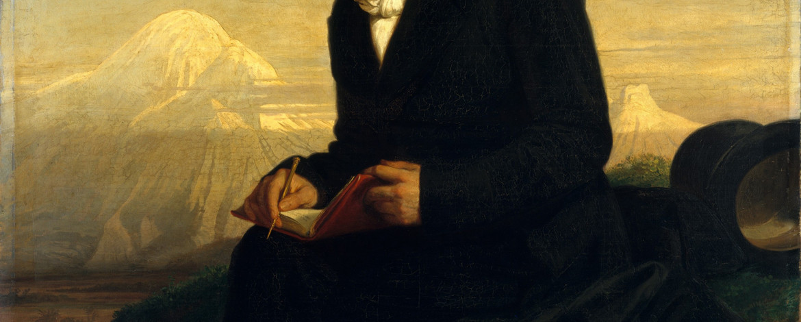 Portrait des greisen Humboldt mit Tagebuch vor amerikanischer Berglandschaft, Bildausschnitt (Julius Schrader, 1859)