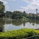 Taman-Ayun-Tempel, malerische Szenerie am Wasser, Palmen und blauer Himmel