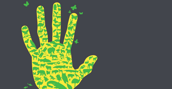 Illustration: Yellow handprint with different green animal silhouettes on dark gray background.