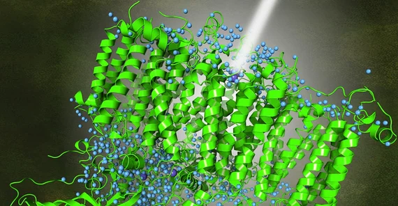 The image illustrates how in electron microscopy the electron beam interacts with a protein, providing detailed information about the protein's structure.