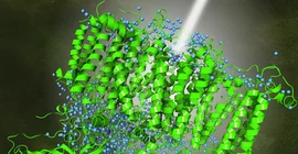 The image illustrates how in electron microscopy the electron beam interacts with a protein, providing detailed information about the protein's structure.