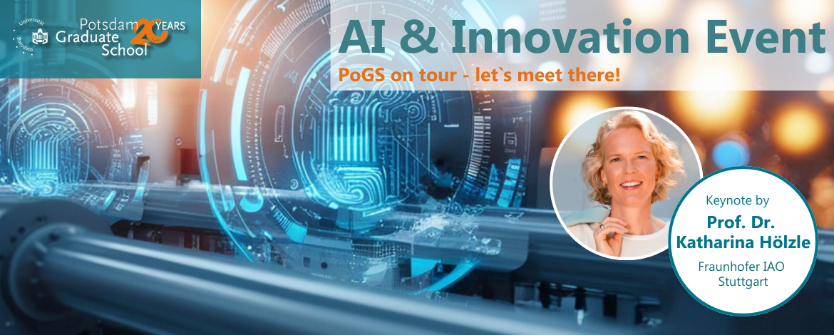 Ein Teaserbild für das AI & Innovation Event mit einem Porträtbild von der Keynote Speakerin Prof. Dr. Katharina Hölzle. - Roadshow AI & Innovation