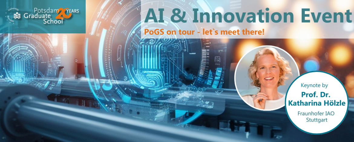 Ein Teaserbild für das AI & Innovation Event mit einem Porträtbild von der Keynote Speakerin Prof. Dr. Katharina Hölzle. - Roadshow AI & Innovation