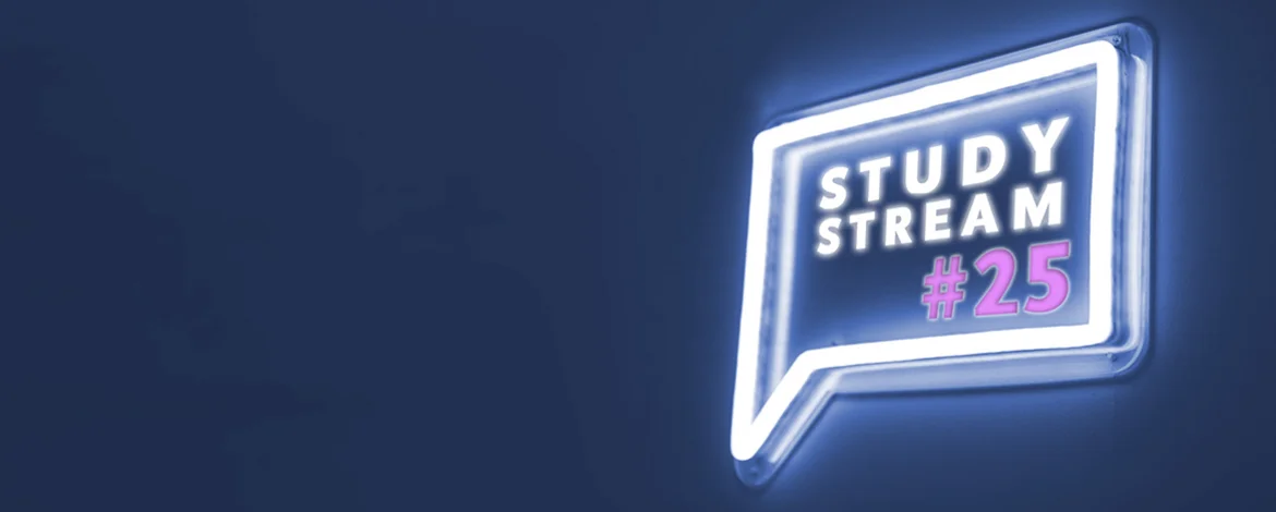 Neonschild auf dunkelblauem Hintergrund: STUDY STREAM #25 - 
