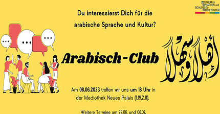 Links Graphik einer Gruppe im Gespräch, Schriftzug "Arabisch Club" und Terminangaben