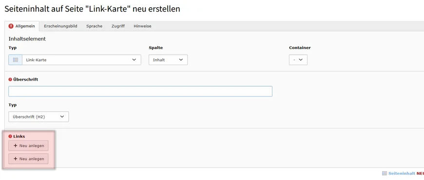 Klicken Sie auf „Neu anlegen“ und geben Sie den erforderlichen Linktext und die URL ein.