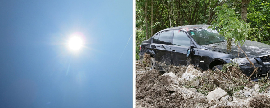 Sonne und beschädigtes Auto