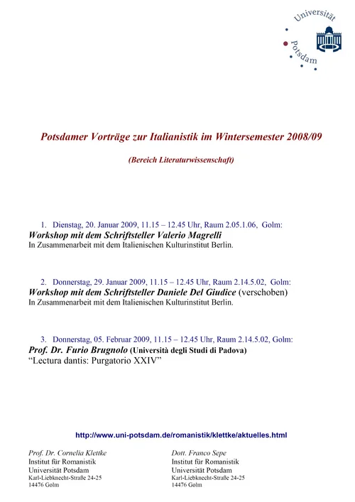 Potsdamer Vorträge zur Italianistik im Wintersemester 2008/09