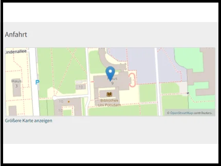 Das ist der Bereich Anfahrt. Hier ist ein Stadt-Plan. Damit findet man die Uni Potsdam.