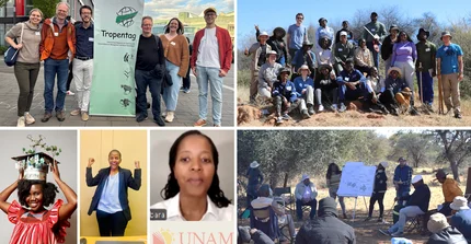Collection of pictures from 2025 including group pictures of project members at Tropentag conference and with the students participating in the Winter School; pictures of three Namibian PhDs celebrating their graduations; picture from the workshop with communal farmers in Namibia