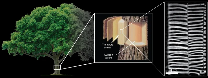 Stufenweise Vergrößerung vom Baum über einen Stammquerschnitt mit Transport- und Support-Xylem bis zur mikroskopischen Nahaufnahme der Sekundärwandmuster zweier Protoxylemgefäße (Maßstab 10 µm).