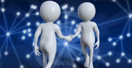 Button zur Unterseite Dienstvereinbarungen und Interne Regelungen: Zwei weiße, schlichte Figuren (ähnlich Schaufensterpuppen) schütteln sich die Hände. Im Hintergrund ist ein leuchtend blauer, digitaler Raum mit einem Netzwerk aus verbundenen Kreisen dargestellt.