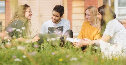 A group of students on the campus outside