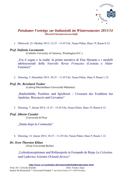 Potsdamer Vorträge zur Italianistik im Wintersemester 2013/14