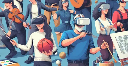 Lehrkräfte aus den Bereichen Sport, Musik und Kunst tragen VR-Brillen